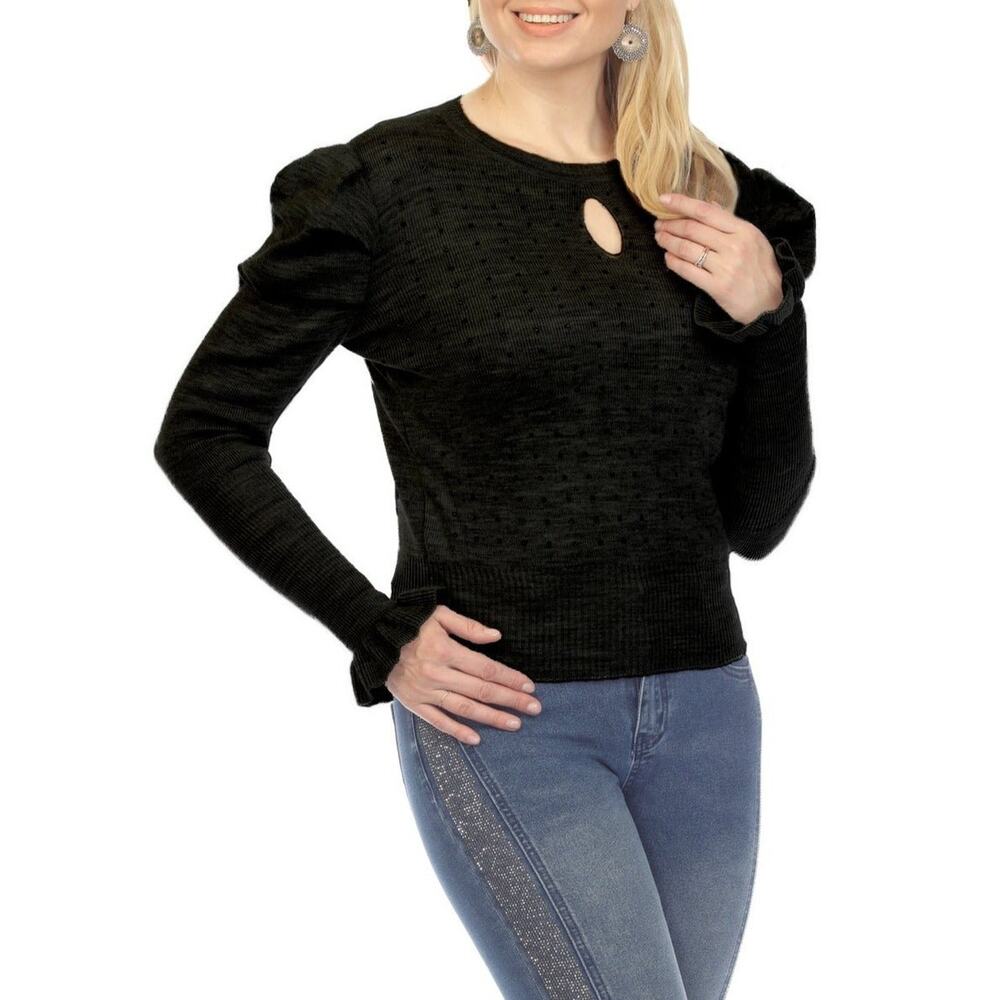 AZI Jeans Women's Size M Black Puff Sleeve Knit Sweater Keyhole Rhinestones NWT